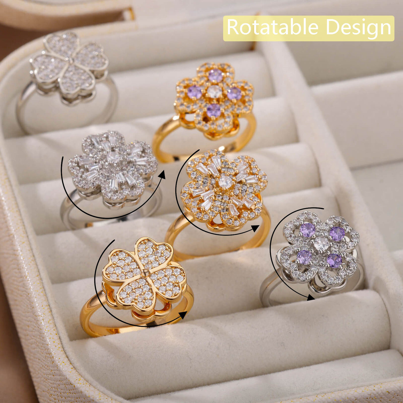 Rotatable Flower Rings With Rhinestones Ins Fashion Anti-anxiety Decompression Ring