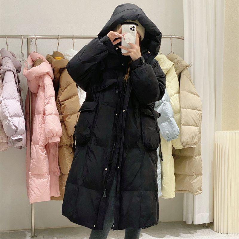 Korean Style Winter Clothes Hooded Women's Over-the-knee Quilt Down Jacket