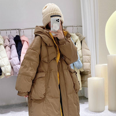 Korean Style Winter Clothes Hooded Women's Over-the-knee Quilt Down Jacket