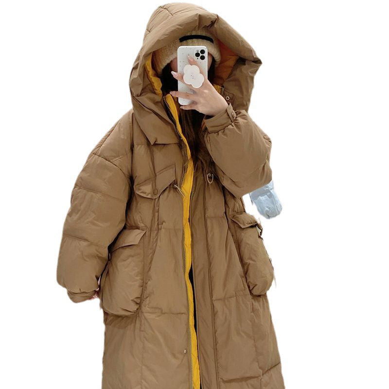 Korean Style Winter Clothes Hooded Women's Over-the-knee Quilt Down Jacket