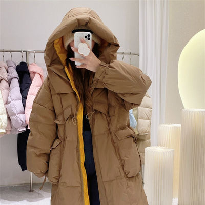 Korean Style Winter Clothes Hooded Women's Over-the-knee Quilt Down Jacket