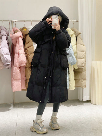 Korean Style Winter Clothes Hooded Women's Over-the-knee Quilt Down Jacket