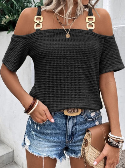 Women's Solid Color Off Shoulder Slimming Versatile T-shirt Short Sleeved